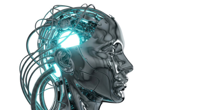 Futuristic chrome cyborg head showcasing advanced AI innovation with glowing neon blue internal circuitry and intricate mechanical details.