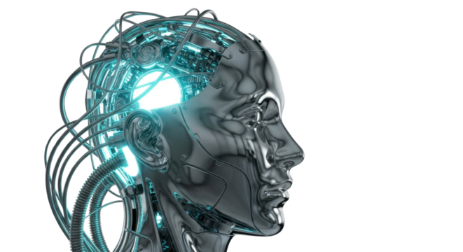 Futuristic chrome cyborg head showcasing advanced AI innovation with glowing neon blue internal circuitry and intricate mechanical details.