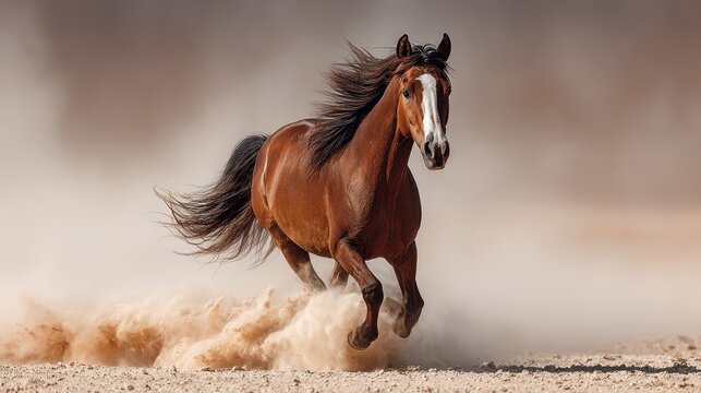 Majestic horse galloping through dusty terrain under a clear sky at golden hour, capturing the essence of freedom and strength