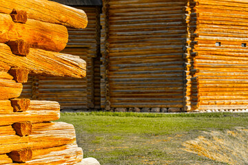 a fragment of a wooden frame made from old logs. log house made of natural logs. log house. ancient technology of house construction. log wall