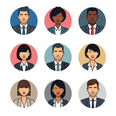 A set of diverse business people avatars in circular icons The collection features men and women with different ethnicities in a flat vector illustration style.