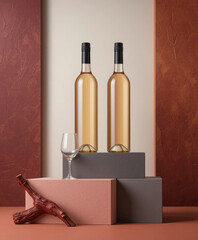 Ultra-realistic cinematic still life featuring golden wine, elegant bottles, minimalist blocks, and avant-garde artistic flourish