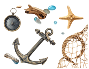  Creative Coastal-Themed Decorative Elements Set, PNG Transparent
