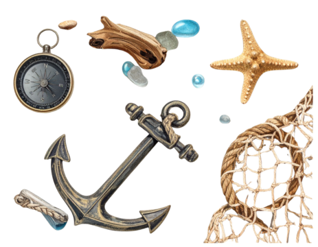  Creative Coastal-Themed Decorative Elements Set, PNG Transparent