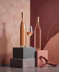 Ultra-realistic cinematic still life featuring golden wine, elegant bottles, minimalist blocks, and avant-garde artistic flourish