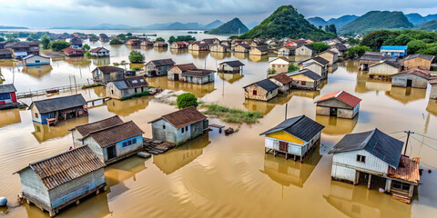 Rural homes are largely submerged under water due to severe flooding, creating a challenging situation for local residents. Lush hills surround the area, adding to the scene's contrast