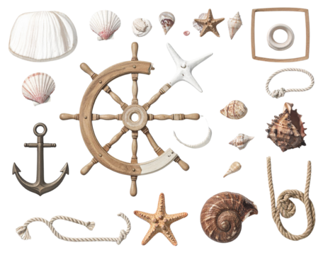  Nautical Decorative Elements Collection, Flat Lay PNG