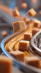 Caramel cubes flowing along a conveyor belt in a sweet production facility during the afternoon