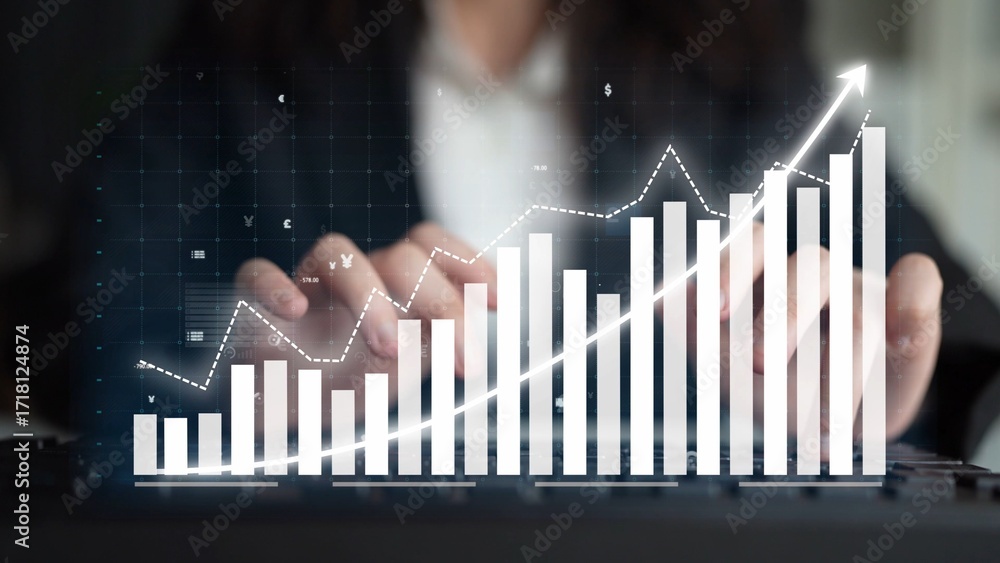 Poster business professional analyzing data trends with digital graph overlaid on keyboard in office enviro