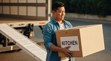 Man moving box during relocation with kitchen label on carton. Relocation involves carrying box filled with kitchen items, unpacking and loading belongings.