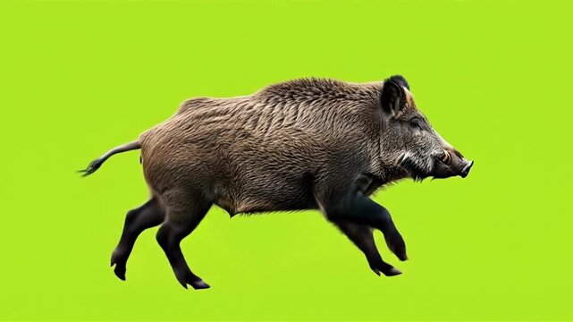 A wild boar with bristly fur runs across a bright green background.