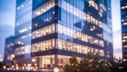 Fototapeta premium Corporate HQ glass corner with lit interiors at twilight — premium background for leadership, strategy and enterprise branding