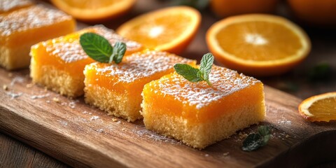 Delicious orange desserts arranged on a wooden board with fresh orange slices in the background
