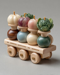 Wooden toy train with vegetable shaped candles, perfect for Kwanzaa for children, promoting creativity and cultural learning