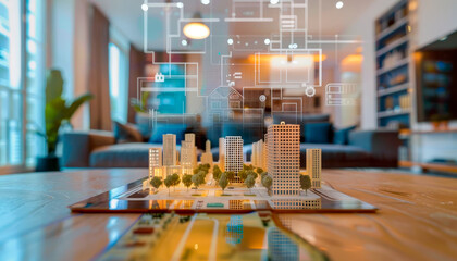 Smart city architectural model on a modern living room table
