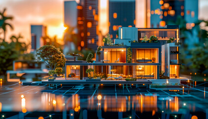 Modern sustainable house with gardens in futuristic urban environment