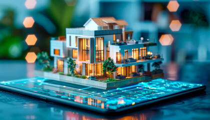 Smart modern house on tablet with digital interactive floor plan