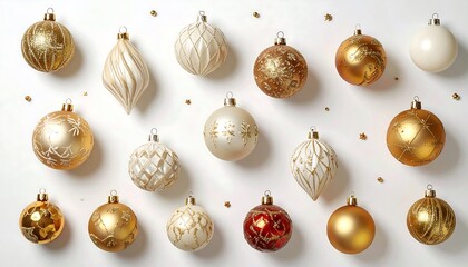 Christmas ornaments in gold and cream on a white background