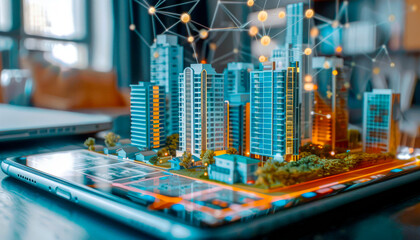 Futuristic smart city model with network connections on smartphone