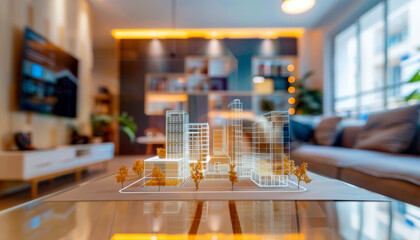 Smart city wireframe model in a modern living room