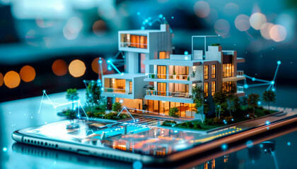 Contemporary smart home model with digital connectivity on smartphone