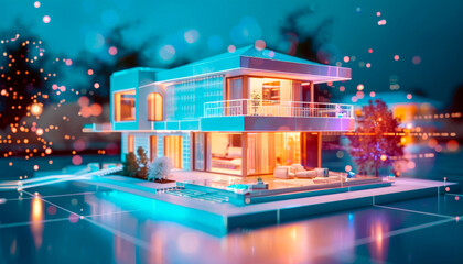 Futuristic digital smart home model illuminated at night