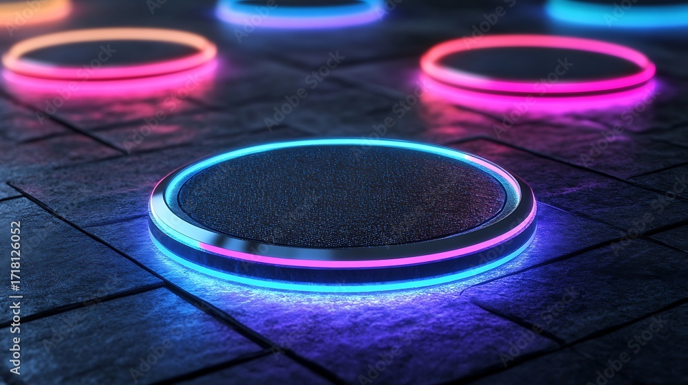 Poster neon circle display: mesmerizing futuristic circle displays glow with vibrant neon light on a textur