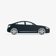 Fototapeta premium Side profile view of a modern dark gray sedan car, presented as a flat vector illustration.