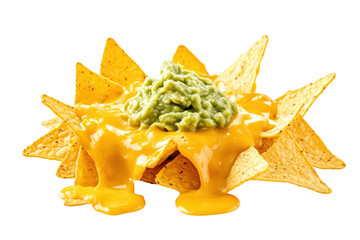 Fototapeta premium Delicious nachos with melted cheese and guacamole on a transparent background ready to eat
