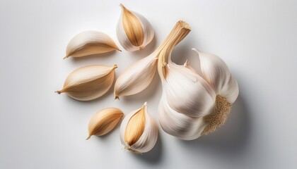 Minimalist Overhead Image Of Garlic Cloves On Clean White Background Taken With Dslr Using Ef 50Mm Lens Balanced Natural Lighting And Detailed Surface Texture
