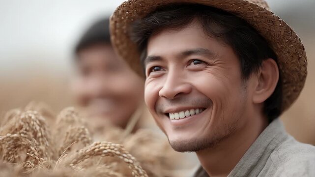 Asian Farmer Smiling with Hope for a Good Harvest