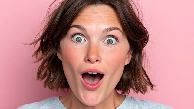 Expressive woman with short brown hair showcases a range of emotions in a playful sequence, transitioning from a playful pout to a joyful smile, culminating in an excited expression against a pink bac