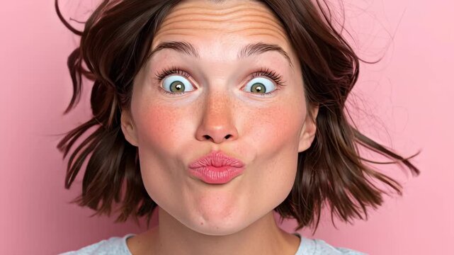Engaging woman with short hair playfully pursing lips and making a funny face, showcasing vibrant expressions against a soft pink background, capturing the essence of joy and spontaneity in motion