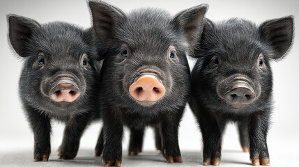 Three adorable black piglets standing closely together against a neutral background during a playful moment