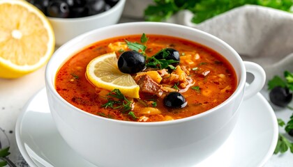Bowl of hearty soup with lemon and olives