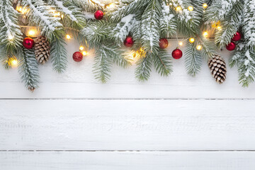 Winter Festive Decor: A snow-dusted evergreen bough, adorned with twinkling fairy lights and vibrant red baubles and pinecone, creates a warm and inviting backdrop, perfect for holiday themes.