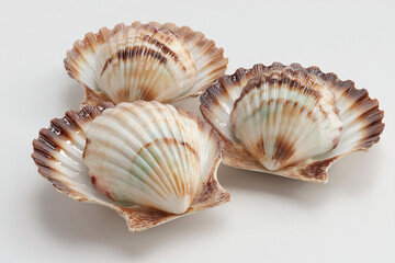 Obraz premium A set of raw scallops, 3D render, isolated on a white background.