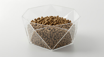Clear geometric bowl filled with brown pet food pellets