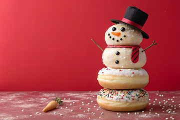 Donut Snowman: A playful and delicious snowman is constructed entirely from doughnuts, adorned with festive decorations, bringing a touch of joy and sweetness to the holiday season.