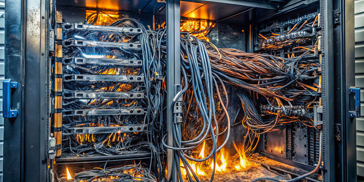Flames erupt from a server rack filled with tangled wires due to an electrical issue. The scene shows a significant risk of fire in a technology environment