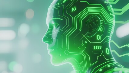 Digital human head with AI circuitry and binary code overlay, symbolizing artificial intelligence and neural networks