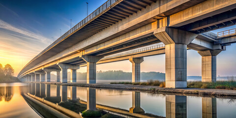 A modern bridge stretches over a calm river, reflecting the warm hues of sunrise. The strong pillars and beams create an impressive architectural scene amidst nature's beauty