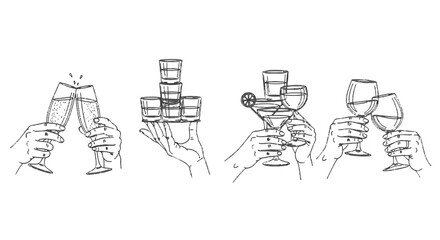 Obraz premium Hand drawn vector sketch illustration of a hands holding glass of drink, cheering and celebrating success