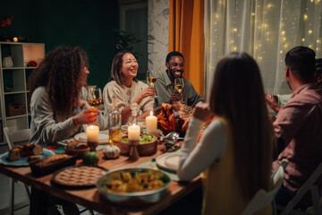 Friends enjoying thanksgiving dinner with festive food and drinks