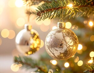 Christmas ornaments on a tree with lights