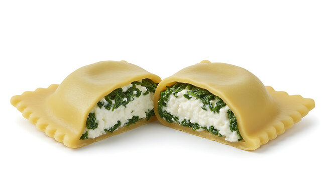 Two halves of a ravioli pasta filled with white cheese and green spinach