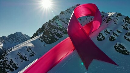 Pink ribbon gracefully cascades down snow-covered mountain slopes, bright sun shining above, inspiring hope and awareness with its vibrant color