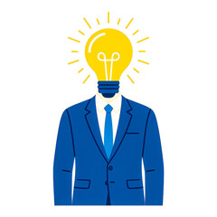 Square illustration of a businessman wearing a suit with a bright glowing lightbulb instead of a head, representing creativity, innovation, inspiration, new ideas, imagination, and business vision