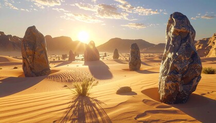 Vast desert oasis DESIGN with giant levitating stones casting impossible shadows across shimmering dunes, 