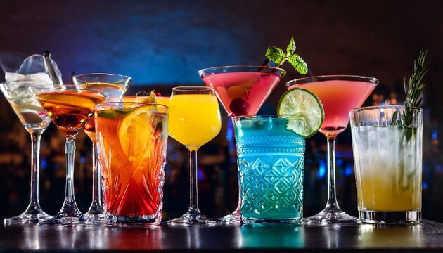 A Realistic And Vibrant Arrangement Of Colorful Cocktails In Elegant Glassware Presented In A Commercial Ready Setting Ideal For Themes Of Celebration Nightlife Summer Parties Mixology And Bever
